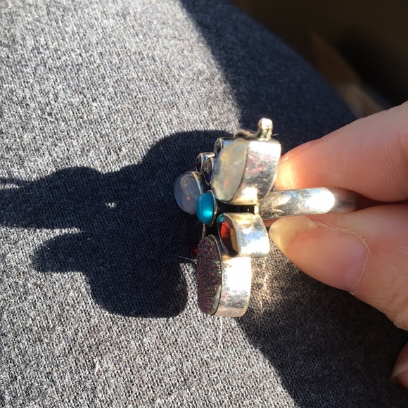 STERLING Butterfly Ring with Real Gemstones Turquoise, Garnet, - Picture 4 of 7